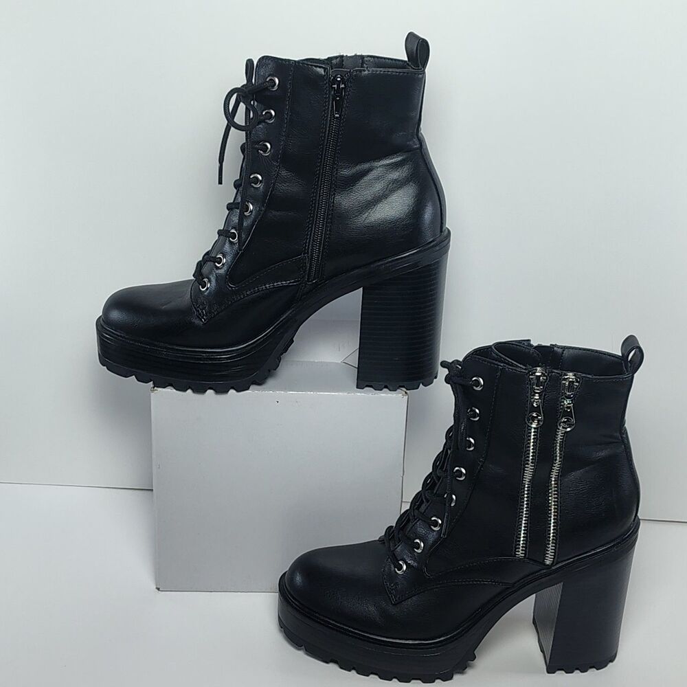 GBG Los Angeles Womens 10M Black Lace-Up Zip Up Chunky Heel Ankle Goth Boots - Picture 2 of 12